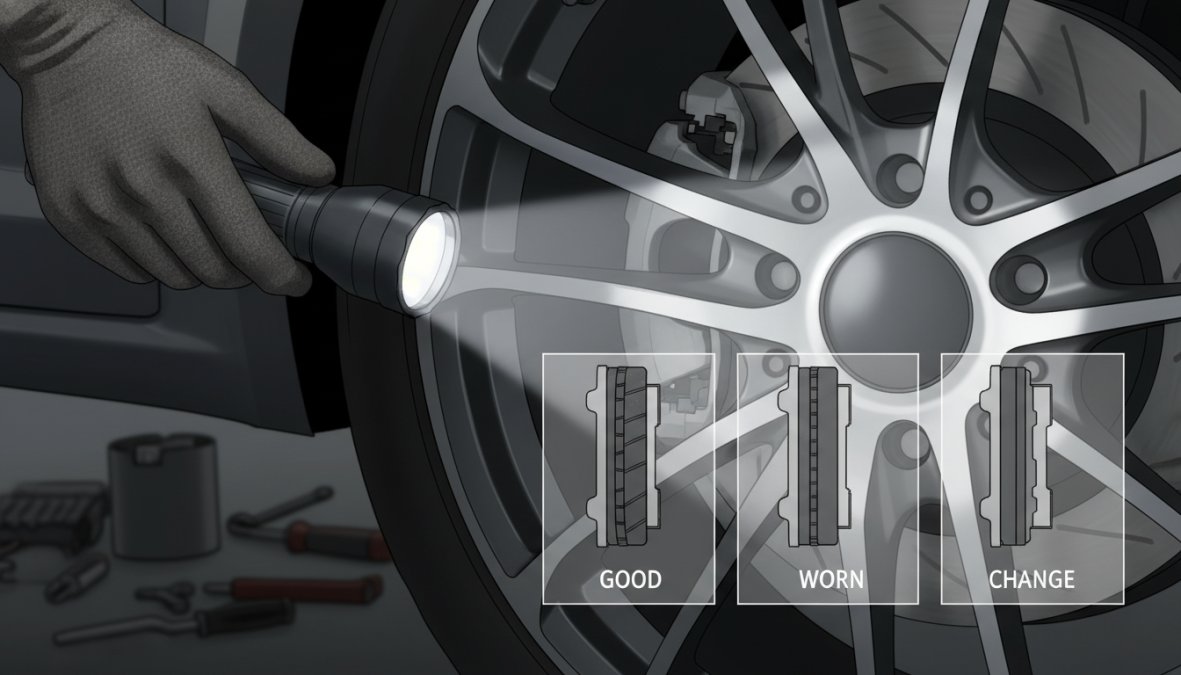 Close-up of a mechanic's gloved hand shining a bright flashlight through a car wheel spoke toward the brake caliper and brake pad, showing the friction material pressed against the rotor in a workshop setting with overhead lighting