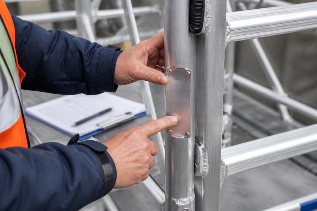 Close-up of a worker's hands inspecting a metal certification plate riveted to the frame of an aluminium scaffold tower, clipboard and site paperwork visible in the background
