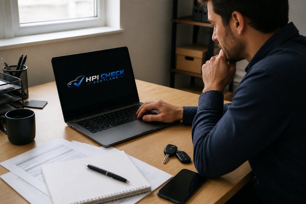 Person reviewing a vehicle history report on a laptop whilst sitting at a desk with paperwork and a notepad nearby