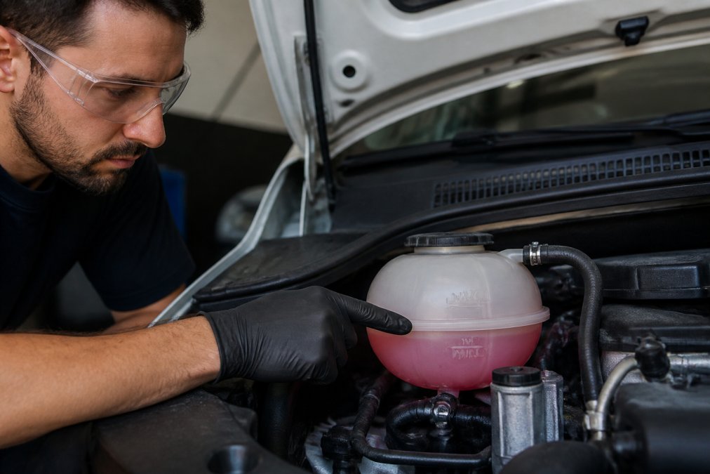 Person wearing safety goggles and mechanics gloves pointing to the coolant reservoir cap in an engine bay, showing the full and low marks clearly visible on the translucent plastic container