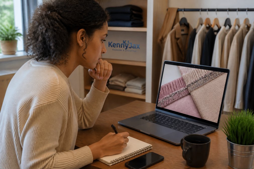 Person at a desk examining a garment on a laptop screen to assess clothing quality during a digital audit