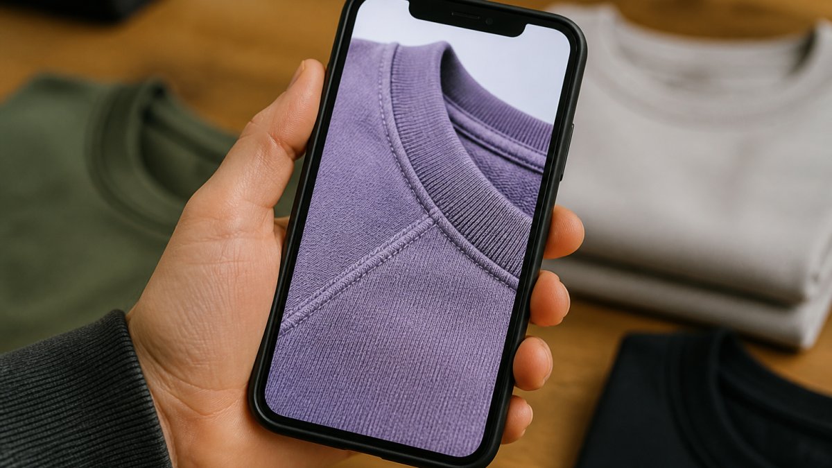 Person's hand holding a smartphone displaying a close-up product photo of a heavyweight t-shirt, with visible stitching details and seam construction clearly visible on the screen