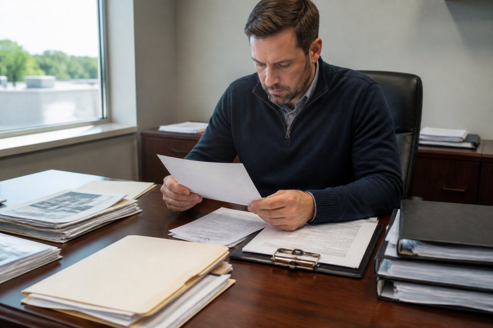 Property manager reviewing warranty documents and paperwork at a desk with folders, clipboard, and contract papers visible in natural office lighting