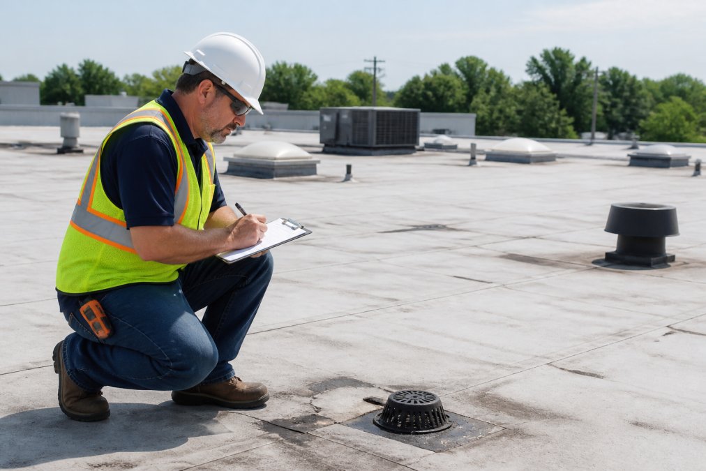 Professional roofing inspector in safety gear examining commercial roof surface with clipboard, taking detailed notes of roof condition and potential issues