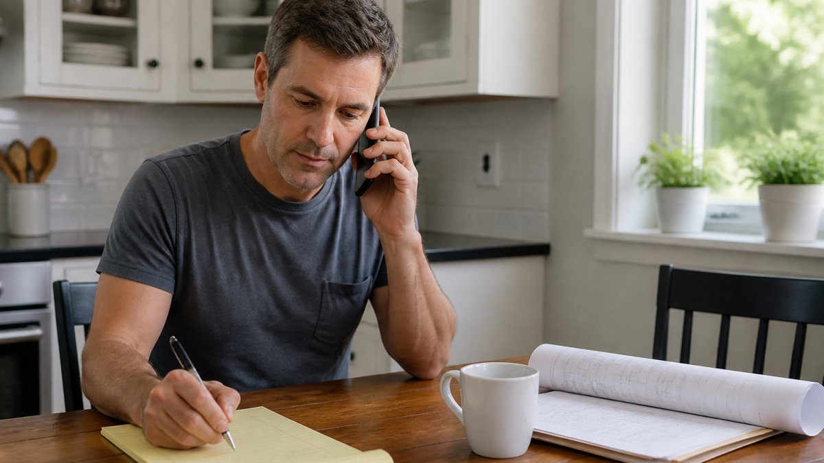Homeowner sitting at kitchen table with notepad and pen, making a phone call to check contractor references while taking notes, natural daylight from window