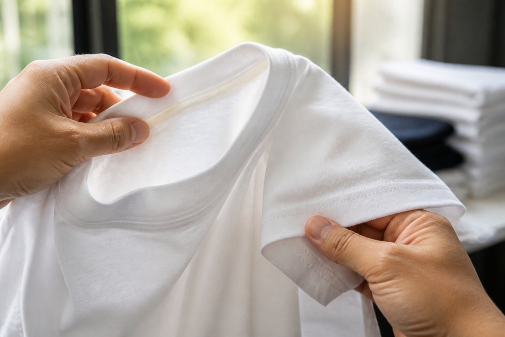 Close-up of hands holding a white t-shirt inside out, pointing at the double-needle stitching along the sleeve hem and the taped neckline inside the collar, bright natural window light