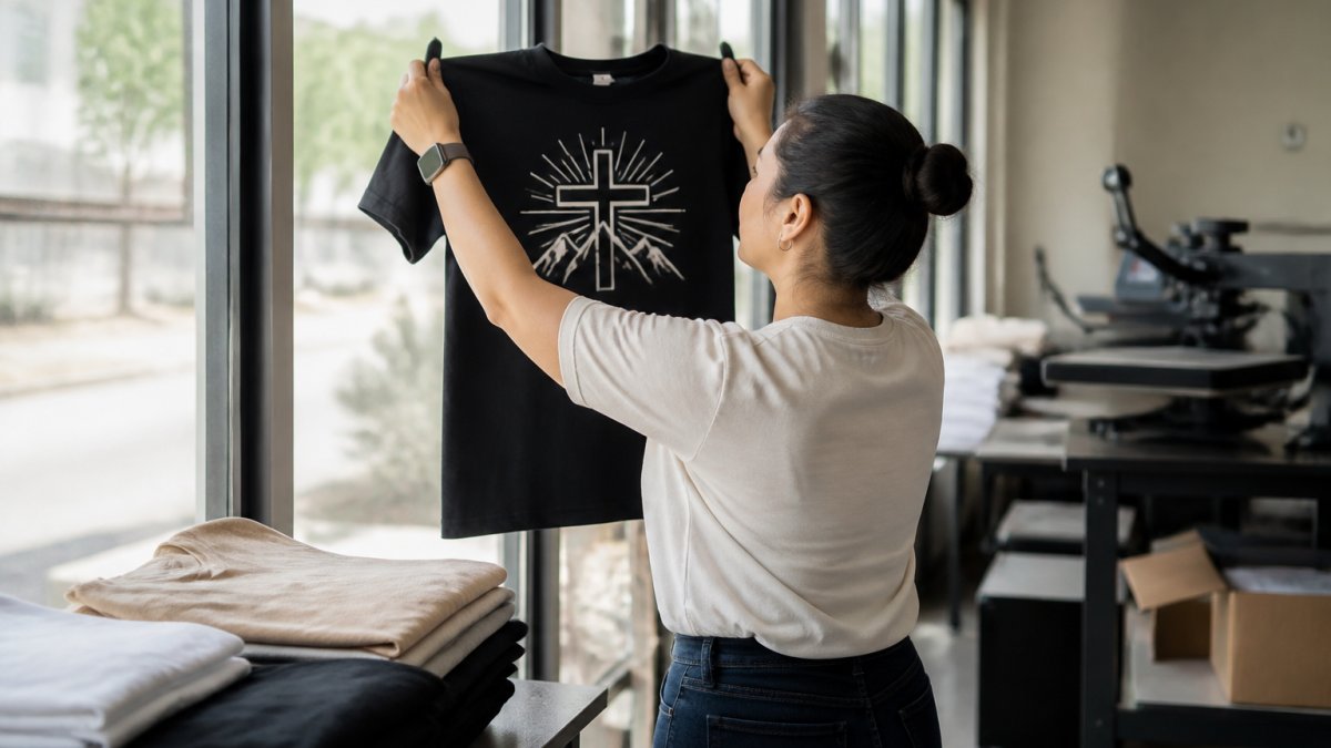 Close-up of hands holding a freshly printed custom T-shirt up to a window, inspecting the printed design for crisp edges and color consistency