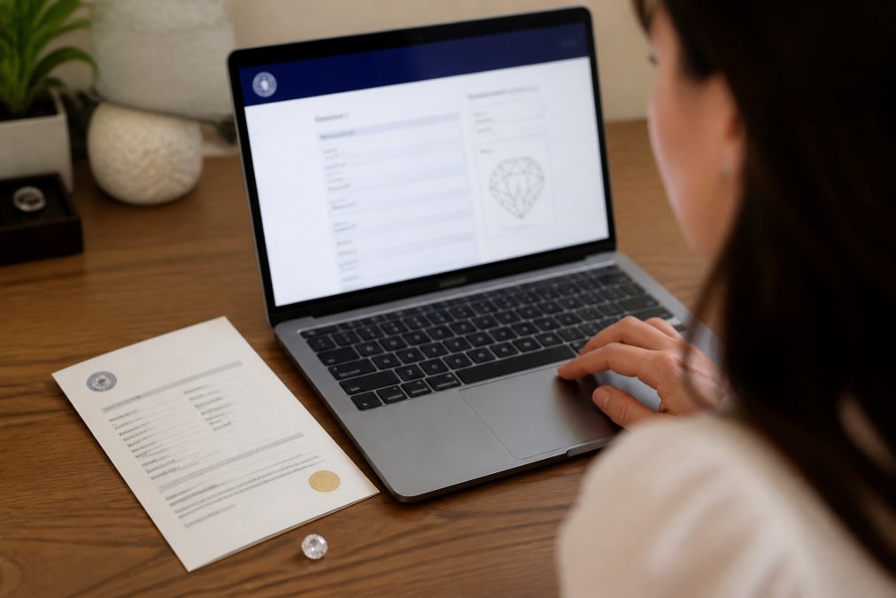 Person at a desk with laptop displaying a grading laboratory's online verification tool interface, with a loose diamond and physical certificate visible nearby on the desk