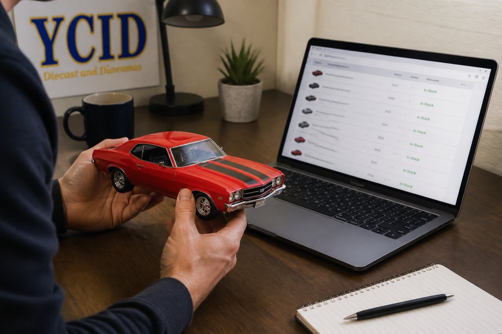 Collector's hands holding a detailed 1:18 scale diecast muscle car while reviewing inventory status on a laptop screen showing stock availability