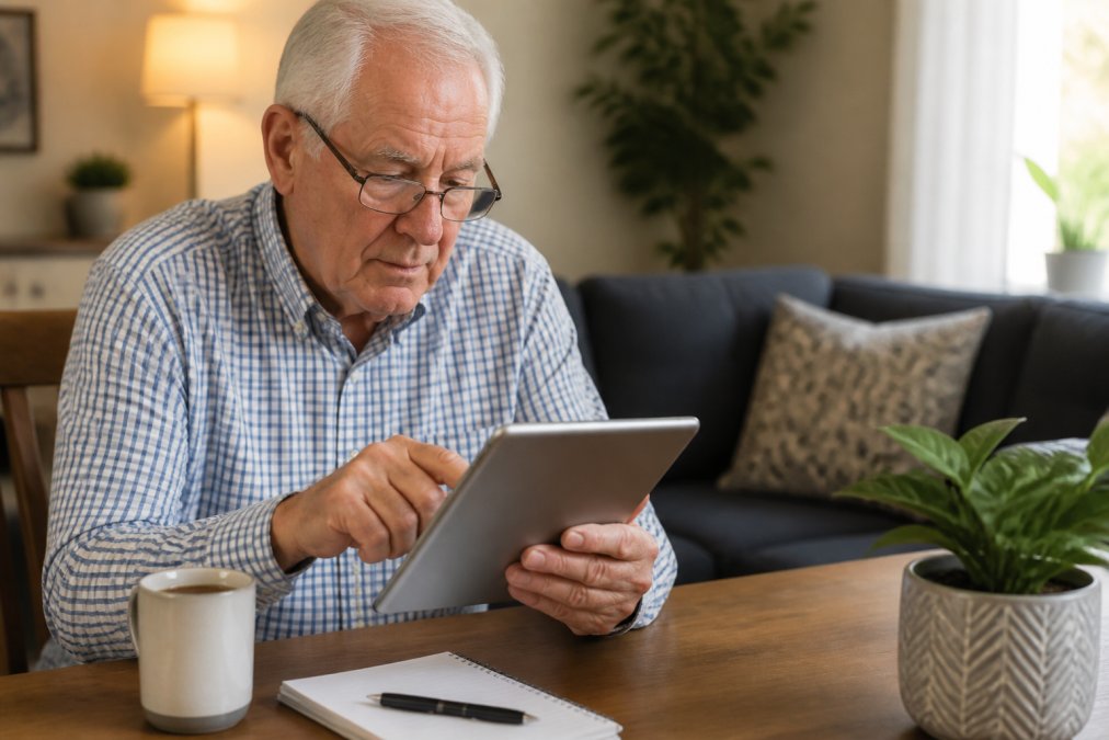 Senior with reading glasses using a tablet at home to search for healthcare information, focused on the screen with a cup of coffee nearby