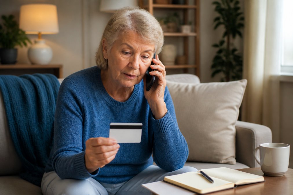 Older adult on a phone call, holding their Medicare card and a notebook with pen, taking notes during the conversation in a comfortable home setting