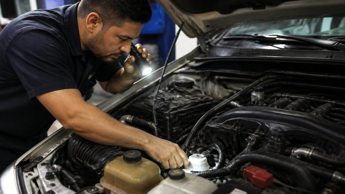 Technician using a flashlight to perform a pre-purchase inspection of a vehicle engine bay and fluid levels.