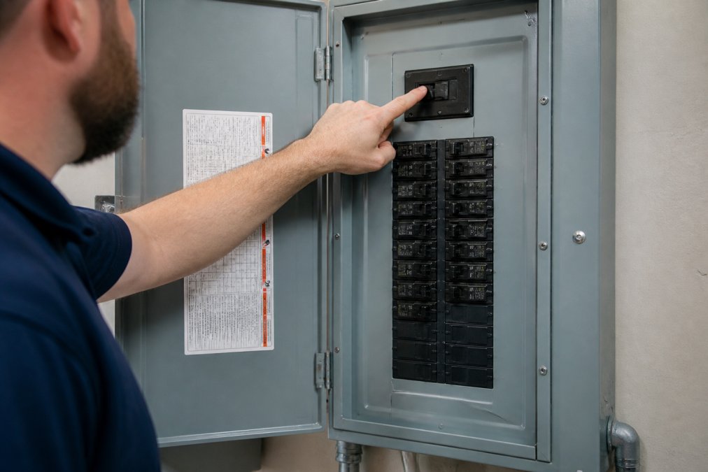 Technician pointing to the main breaker and amperage rating to show how to check electrical panel capacity for ev charger
