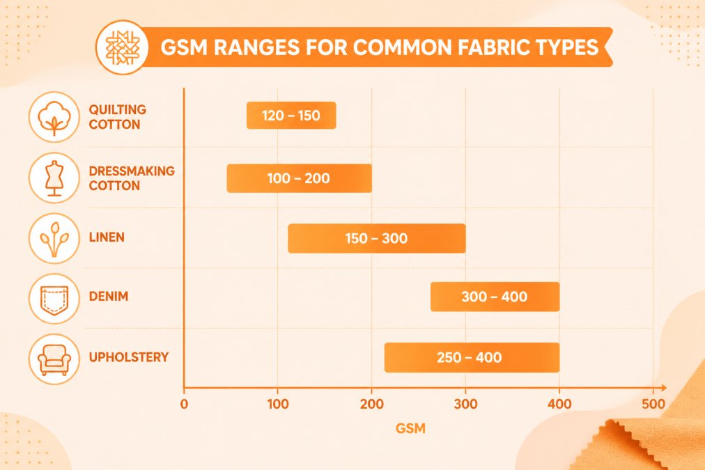 Bar chart showing GSM ranges for common fabric types: quilting cotton 120-150 GSM, dressmaking cotton 100-200 GSM, linen 150-300 GSM, denim 300-400 GSM, upholstery 250-400 GSM