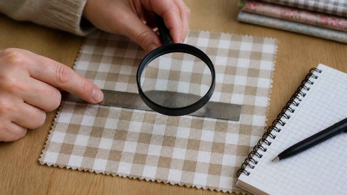 Close-up of hands using a ruler and magnifying glass to count threads in a woven fabric sample on a flat work surface, with a notebook nearby for recording measurements