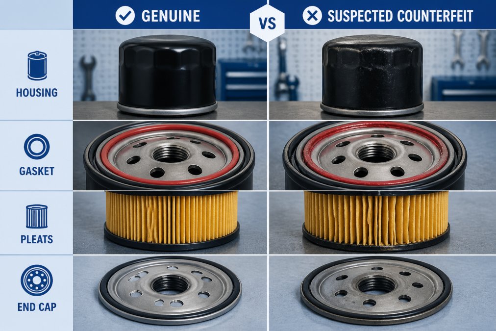Close-up of a genuine Volkswagen oil filter and suspected counterfeit filter placed side-by-side on a workbench, showing the housing, red gasket, end caps, and visible pleat structure under bright work lighting