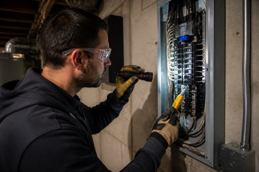 Licensed electrician using a voltage tester on a home breaker panel to ensure electrical code compliance