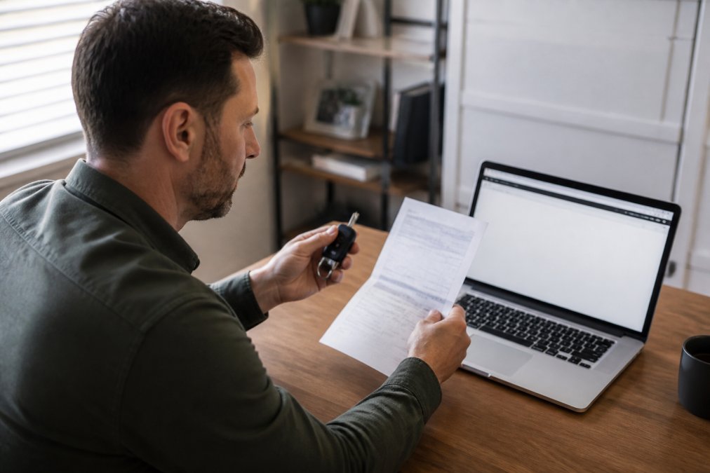Person sitting at a desk holding car keys in one hand while looking at a vehicle document, with a laptop open in front of them showing a web browser, in a well-lit home office setting