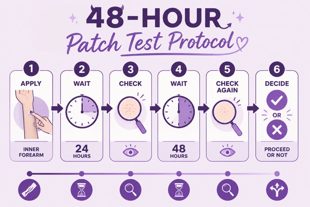 Flowchart showing the 48-hour patch testing protocol: Step 1 apply to inner forearm, Step 2 wait 24 hours, Step 3 check for reaction, Step 4 wait 48 hours, Step 5 check again, Step 6 decide whether to proceed