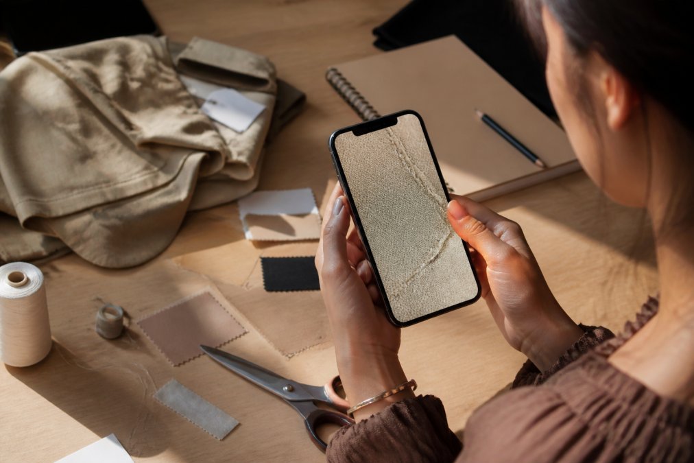 Close-up of a woman's hands holding a smartphone displaying a zoomed-in product photo of a garment's seam and stitching on a fashion retailer's website, bright natural light