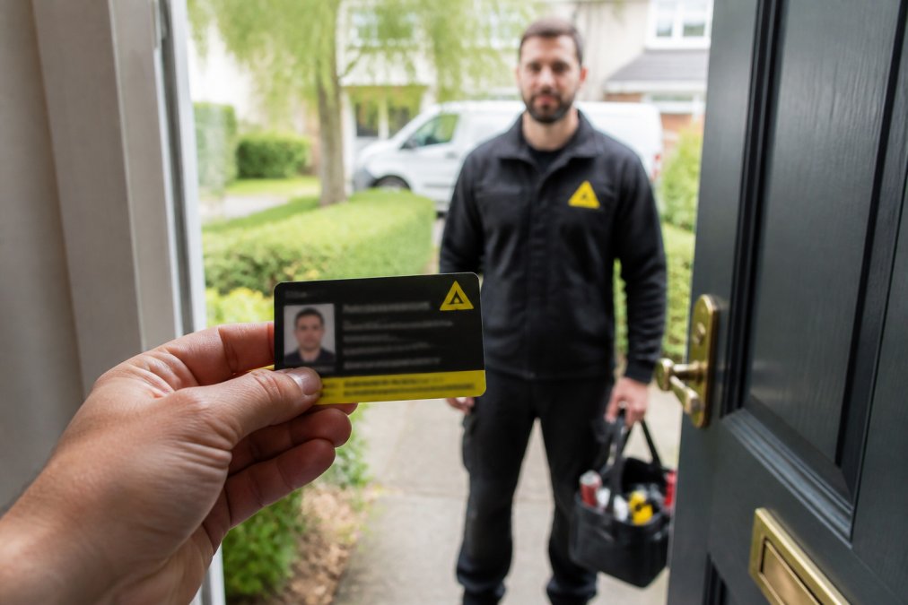 A close-up of a Gas Safe ID card held in a homeowner's hand at a front door, with a gas engineer in uniform standing in the background holding a tool bag