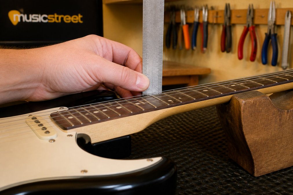 A close-up of a hand holding a steel ruler against the 12th fret of an electric guitar, measuring the gap between the top of the fret and the bottom of the string, with warm workshop lighting