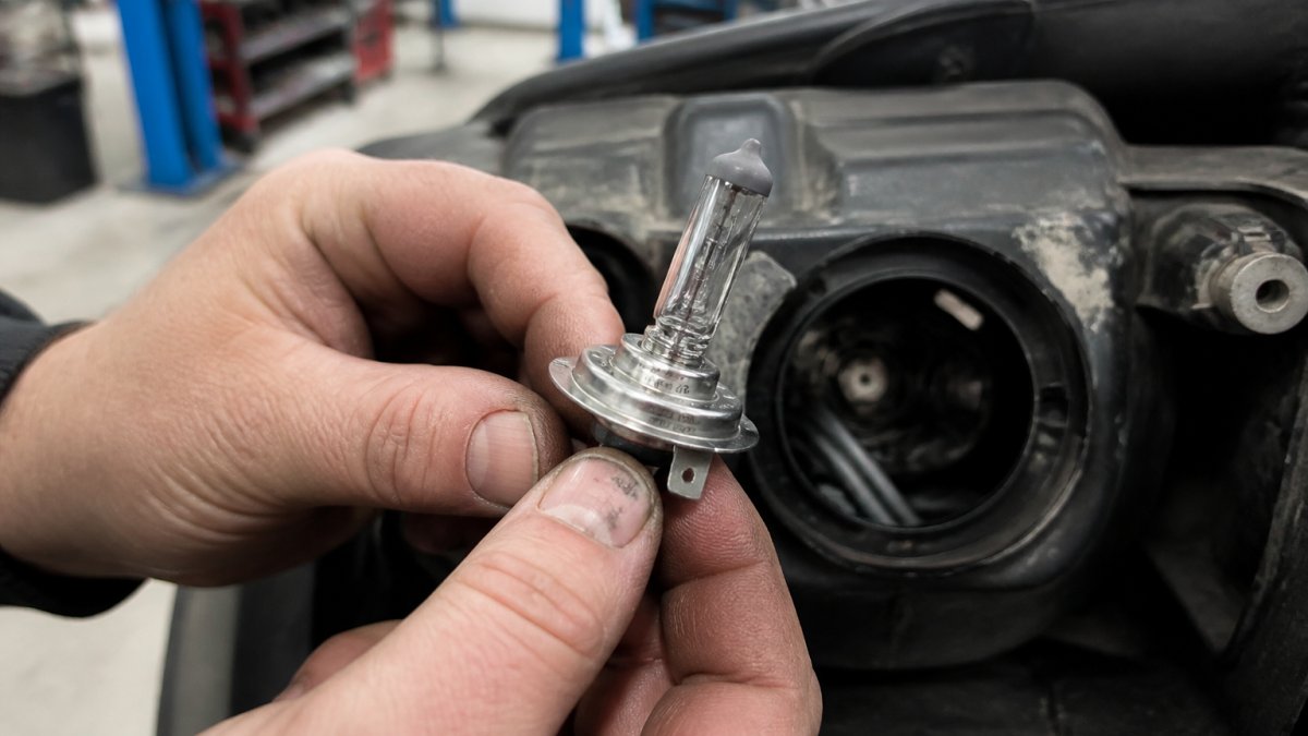 Close-up of a mechanic's hands holding a removed headlight bulb, showing the metal base and printed bulb markings, with a vehicle's open headlight housing in the background of a garage