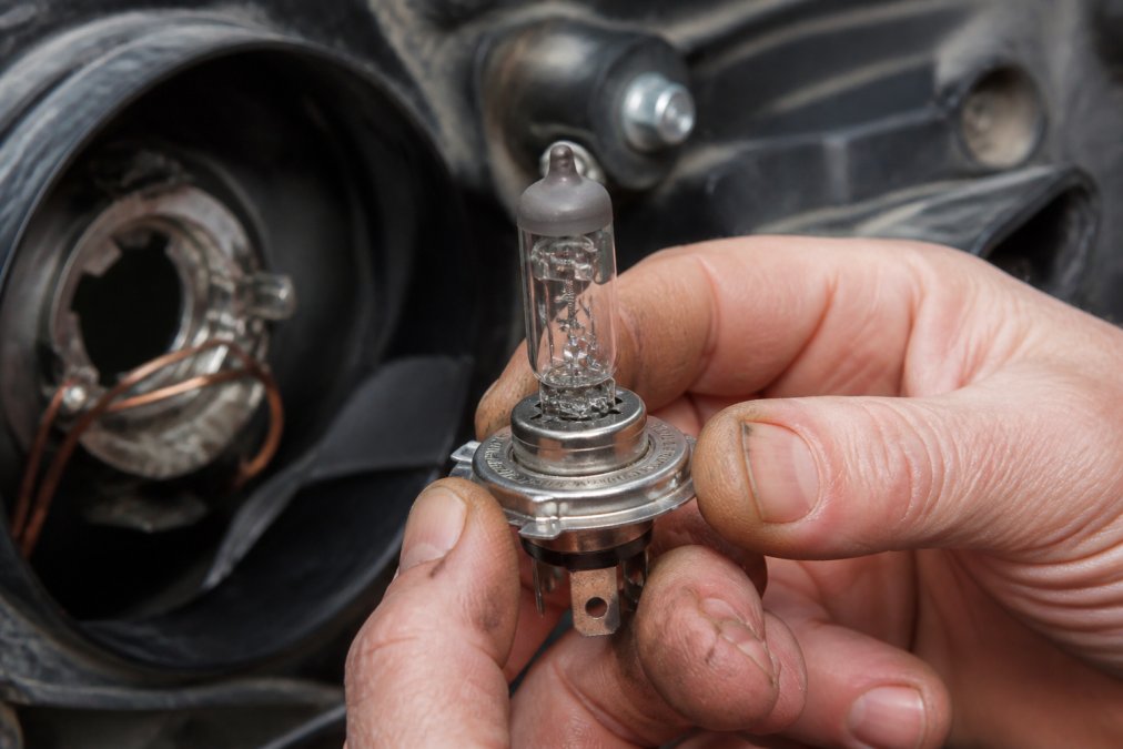Hands holding a removed halogen headlight bulb to inspect the part number stamped on the metal base