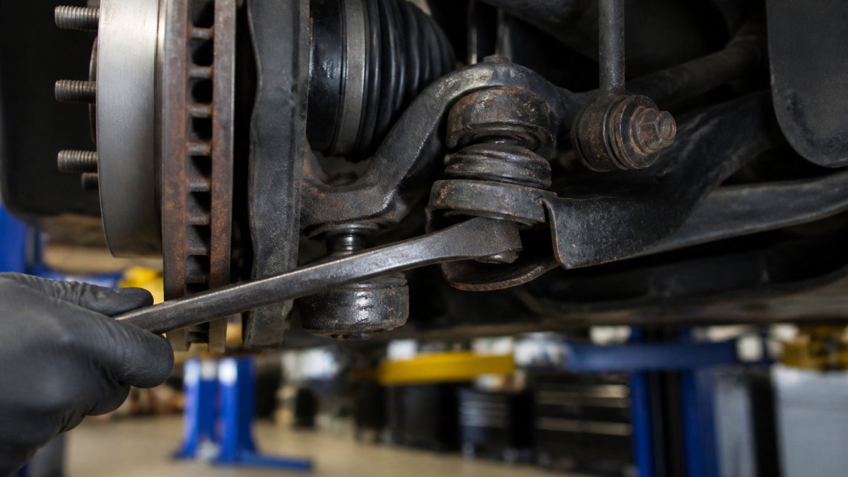 Using a pry bar to check for play in the lower ball joints of a vehicle suspension system