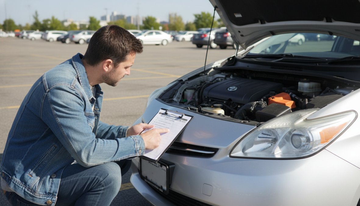 Professional illustration showing car and person and casual concepts for how to check hybrid battery health