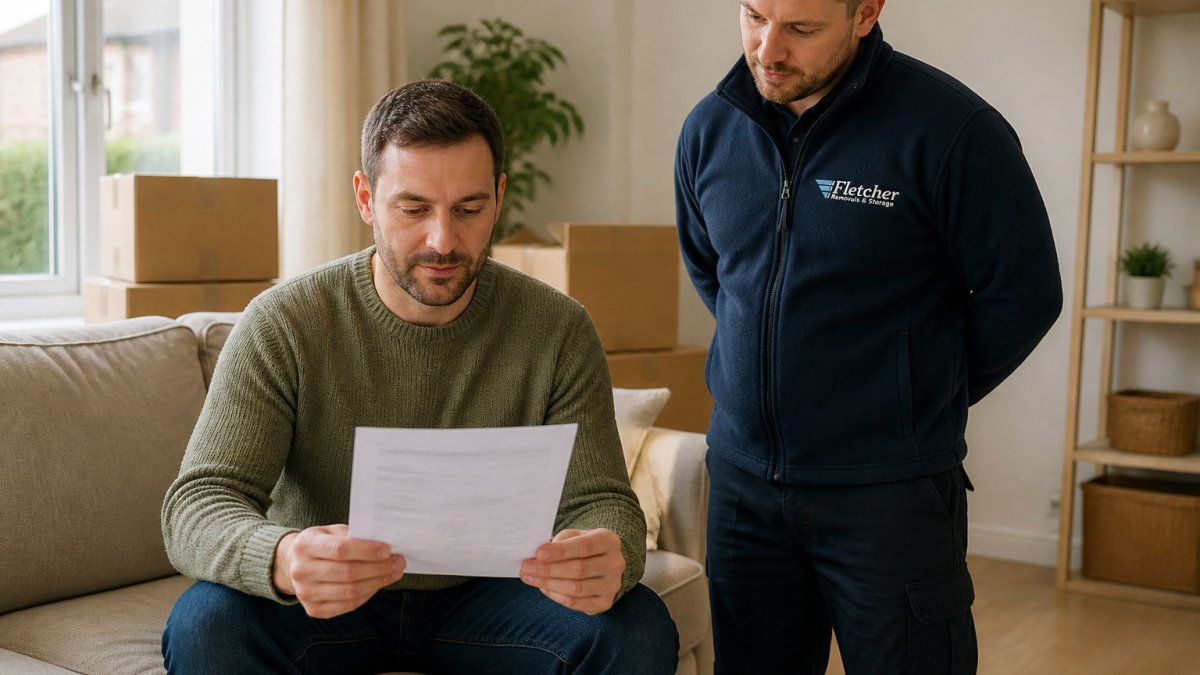 Homeowner reviewing a certificate with a removal company insured team member in a sunlit living room