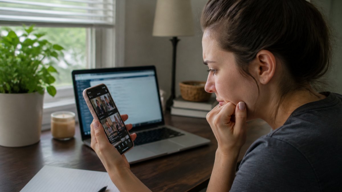Close-up of a woman holding a smartphone, browsing Instagram Reels with a concerned expression, a laptop with a music database open in the background, natural lighting