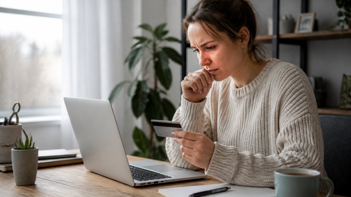 A person sitting at a home desk, looking closely at a laptop screen while holding a bank card in one hand, appearing cautious and focused, with a cup of tea nearby and soft daylight from a window