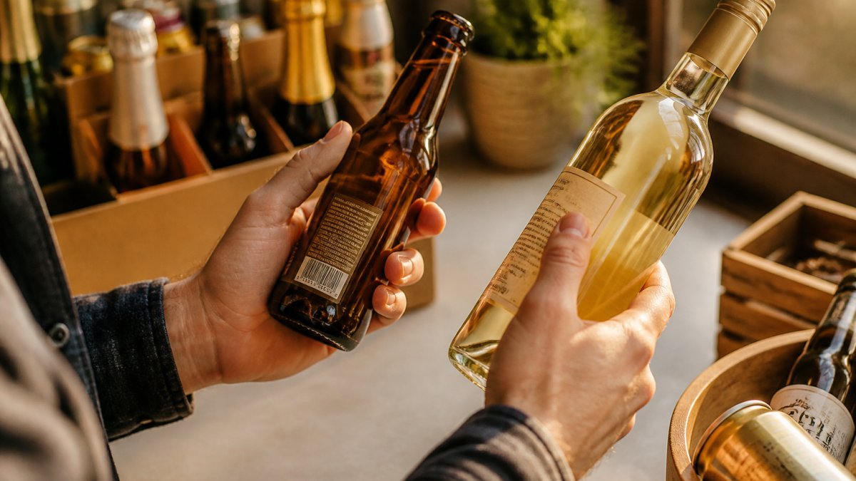 Close-up of hands examining an alcohol-free beer bottle and wine bottle, checking labels and best before dates in natural light