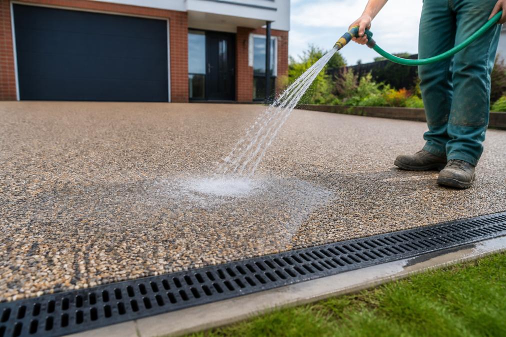 Homeowner pouring water from a garden hose onto a resin driveway surface, observing water draining through the permeable aggregate in natural daylight, with drainage channels visible at the driveway edge