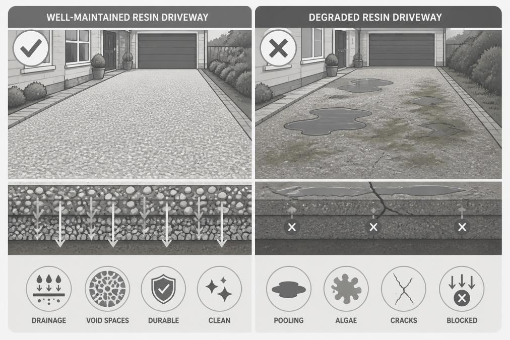 Side-by-side comparison showing a well-maintained resin driveway with visible void spaces and clear drainage versus a degraded surface displaying pooling water, algae staining, and visible cracks