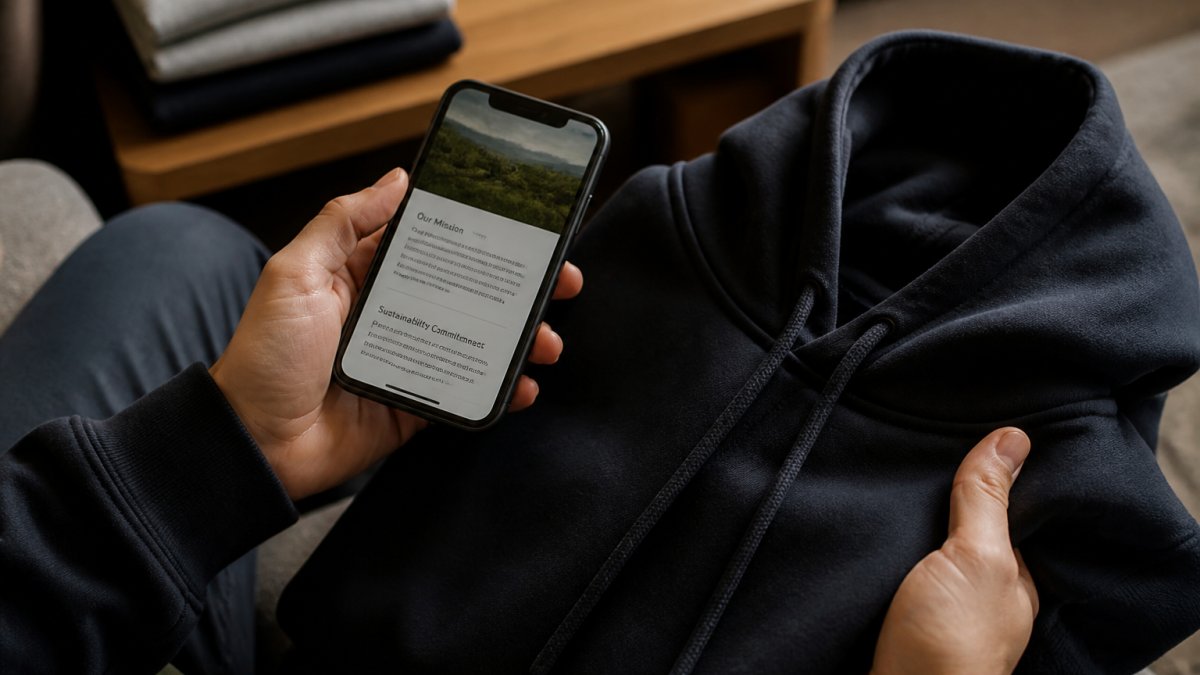 Close-up of hands holding a premium streetwear hoodie while reviewing a brand's website on a smartphone, showing transparency information and mission statement in natural lighting
