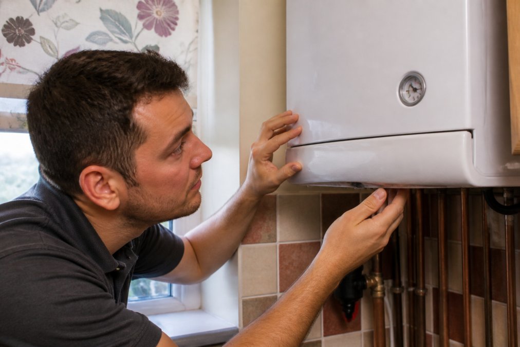 Close-up of a homeowner's hands inspecting a white wall-mounted boiler for water droplets and damp patches, with a pressure gauge visible in the background, in a typical British kitchen