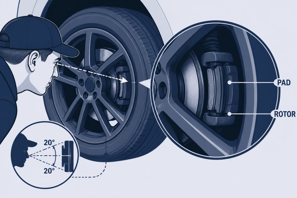 Close-up of a mechanic peering through a vehicle wheel gap to visually inspect brake pads, showing proper viewing angle and natural lighting illuminating the brake assembly