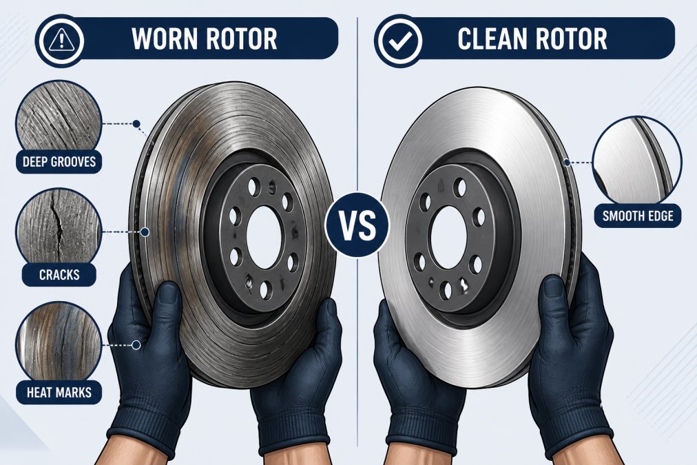 Hands holding a worn brake rotor showing visible deep grooves, cracks, and heat discolouration marks on the surface compared to a clean rotor edge