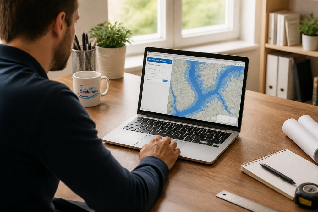 Homeowner sitting at a desk in a bright home office, looking at a laptop screen displaying the government flood map tool with a postcode search box visible