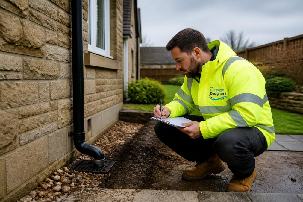 Professional drainage surveyor in high-visibility clothing inspecting the exterior of a residential property, examining ground conditions and drainage systems near the foundation on an overcast day