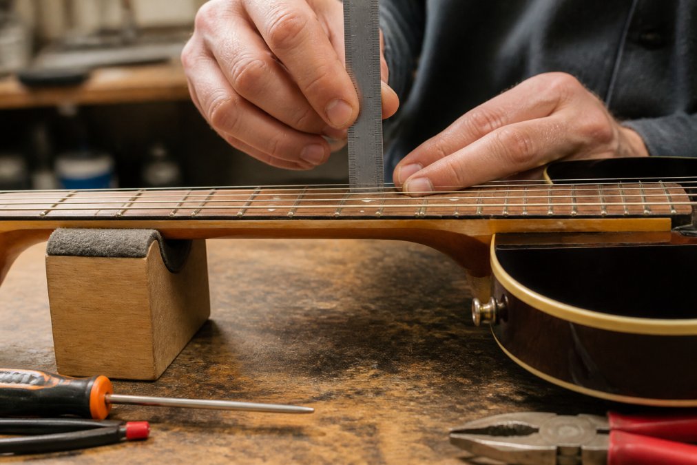 Professional musician's hands using a ruler to measure string height at the 12th fret of a guitar neck against the fretboard, with natural workshop lighting