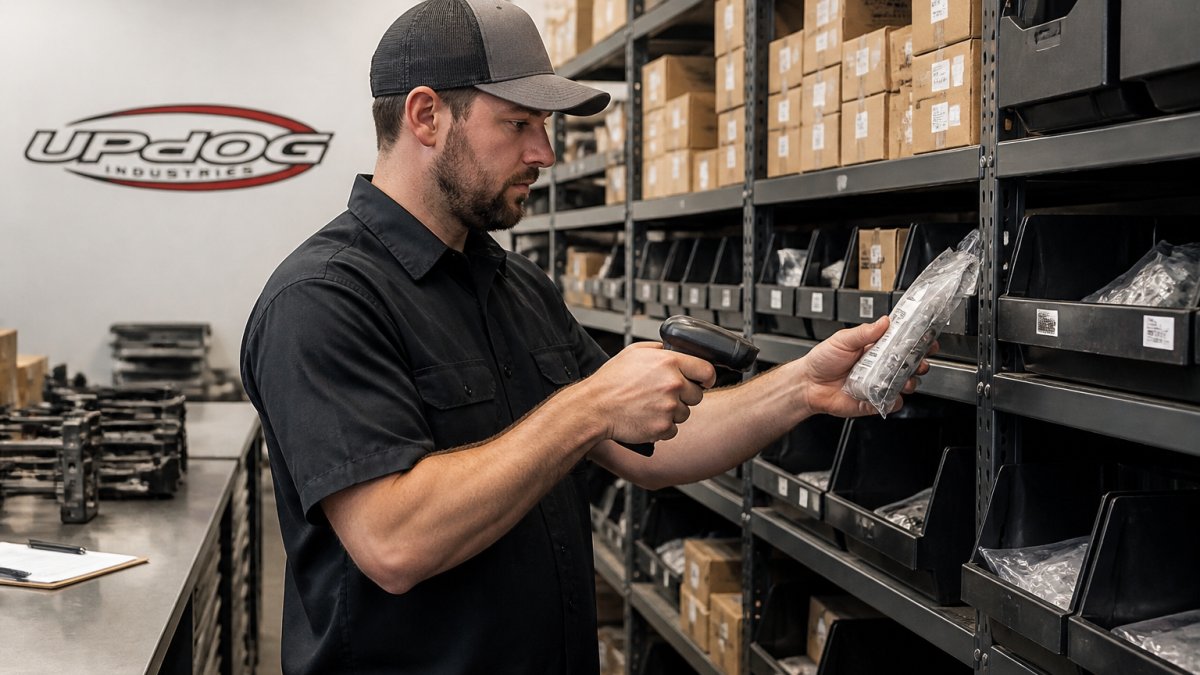 Warehouse worker using a handheld barcode scanner to check stock on shelves, with organized inventory bins and product boxes visible in the background