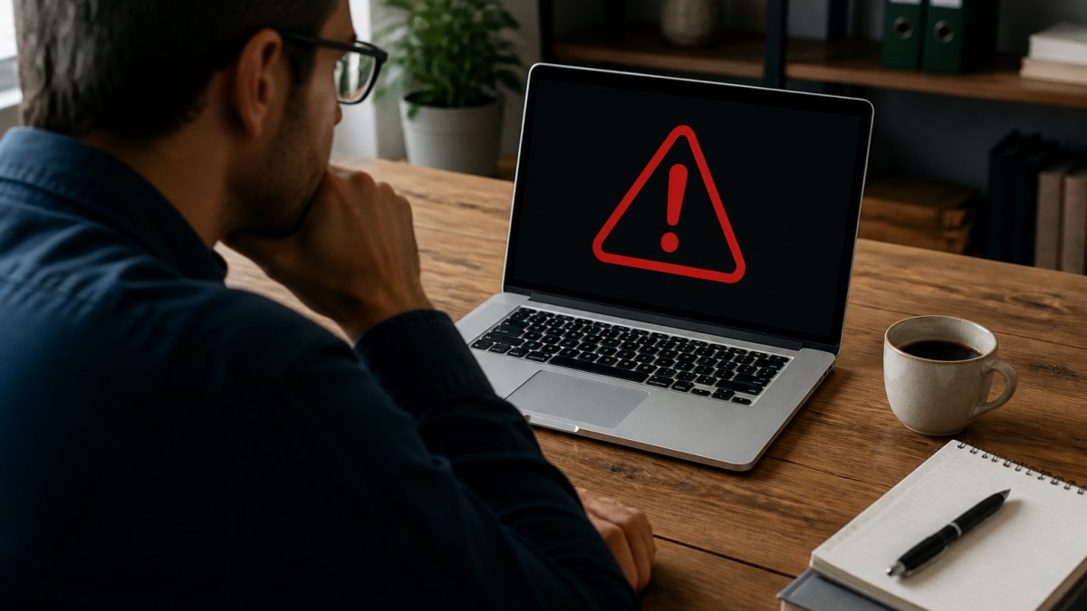 Concerned professional looking at a security warning on a laptop to check leaked passwords at their desk