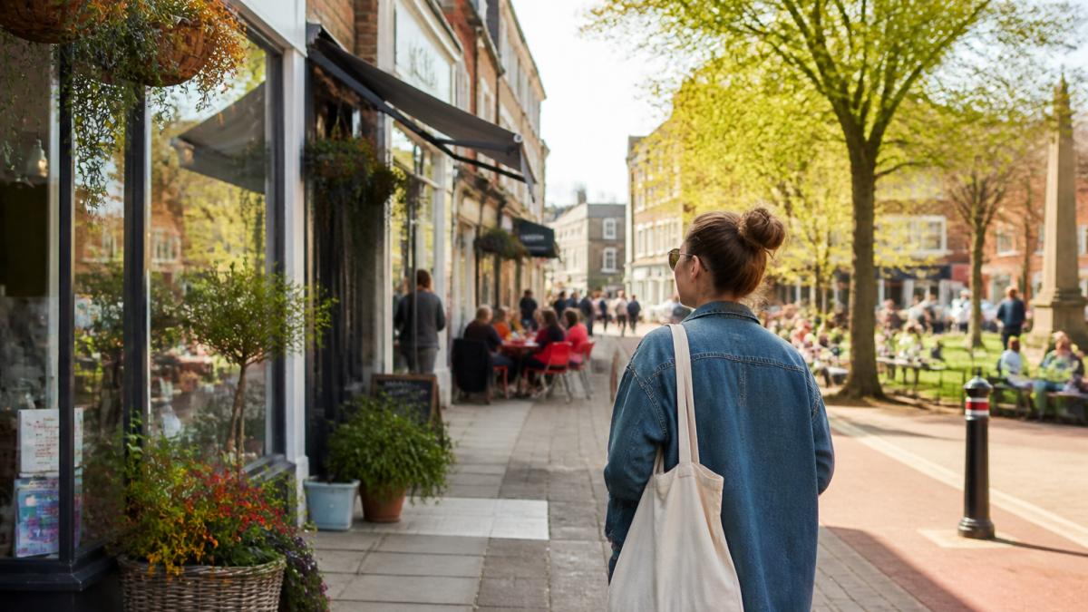 Person standing in a high street looking at local shops and cafés, with community spaces visible around them, natural daylight