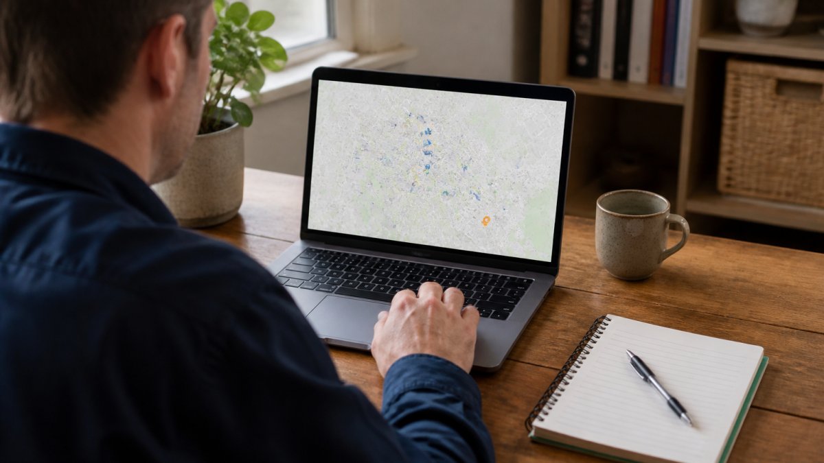 Person at a desk looking at a laptop screen displaying the police.uk crime map interface, with a notebook and pen nearby for taking notes, natural office lighting
