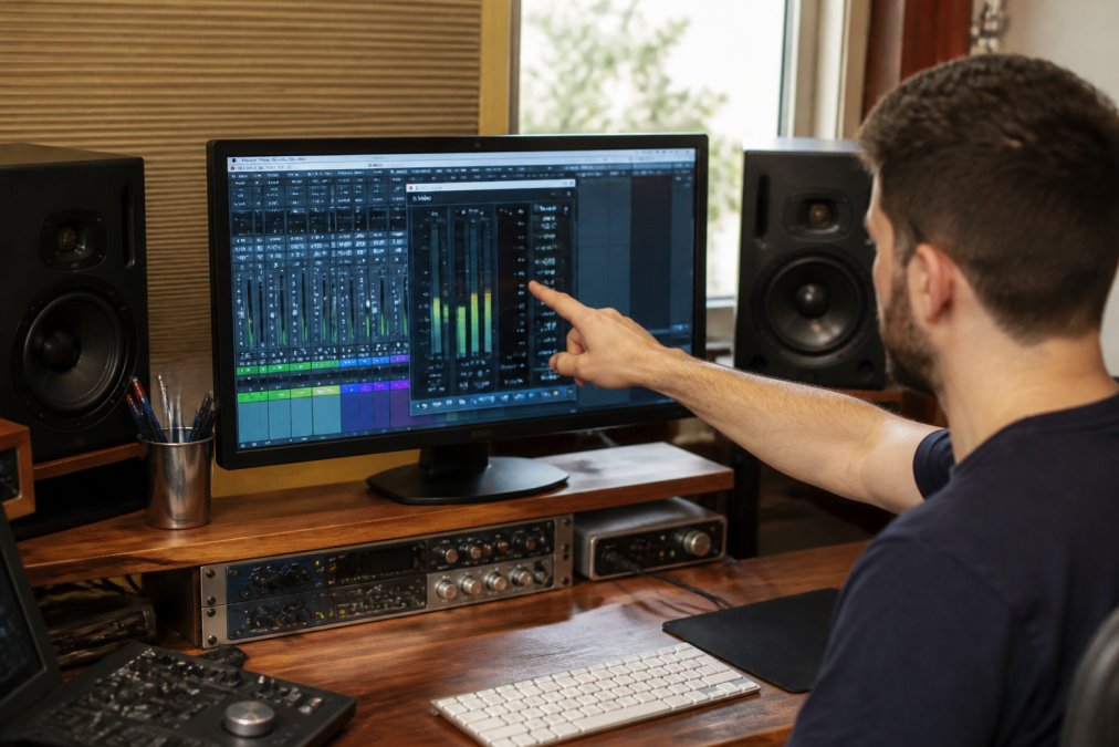 A music producer sitting at a home studio desk, pointing at a computer monitor displaying a DAW session with a loudness meter plugin open on the master bus, studio monitors and audio interface visible in the foreground