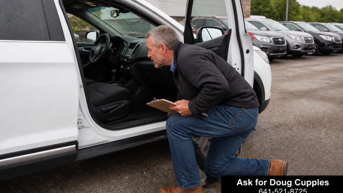 Man checking the odometer of a used SUV to learn how to check mileage for a used car under 20k during a test drive.