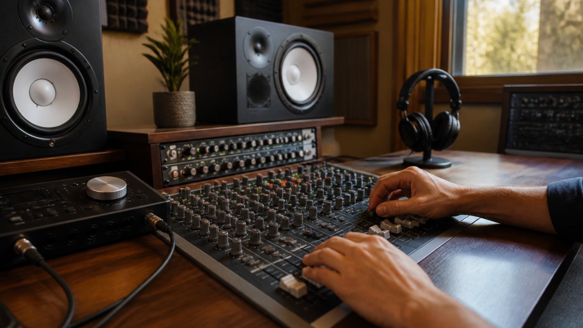 Studio monitors and audio gear on a desk used to check mix balance in a professional recording environment.